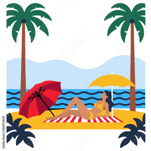 Tropical Beach Getaway Illustration- Woman Sunbathing Under Palm Trees- Relaxing Vacation Scene with Ocean View and Colorful Umbrellas- Summer Holiday Vibes