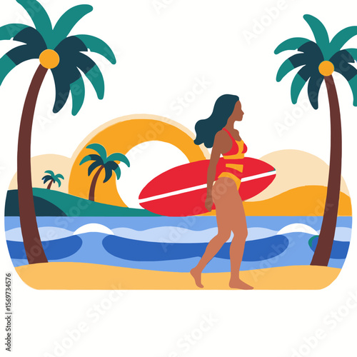 Tropical Beach Getaway-Woman Surfer with Surfboard-Palm Trees & Ocean Waves-Summer Vacation Vibes-Island Lifestyle Illustration-Colorful Beach Scene
