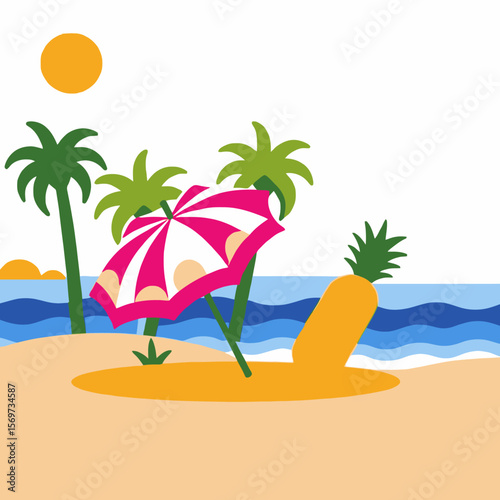 Tropical Beach Illustration-Palm Trees-Pink Umbrella-Pineapple-Summer Vacation Vibes-Cute Cartoon Beach Scene-Bright Sunny Day at the Seaside-Beach Getaway Art