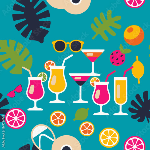 Tropical Cocktail Party - Fun Summer Drinks with Fruits and Leaves - Bright and Colorful Beach Vacation Illustration - Sunglasses and Flip Flops Included