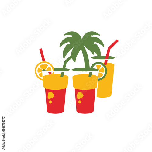 Tropical Drinks Vector Illustration-Summer Cocktails with Palm Tree-Refreshing Beverages with Straws and Citrus Garnish-Perfect for Vacation Vibes-Beach Party Fun