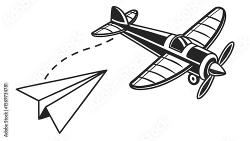 Airplane and paper plane vector illustration for travel and aviation concept design with line art style 100char