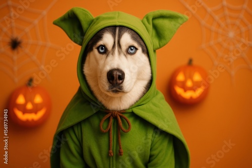 playful husky dog in a green elf costume with cape surrounded by carved pumpkins and spider webs, celebrating halloween festivities and fun