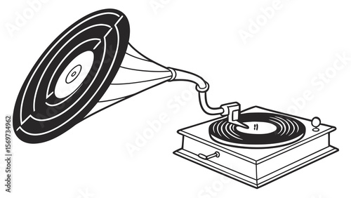 Vintage phonograph gramophone record player antique music audio technology and sound system illustration
