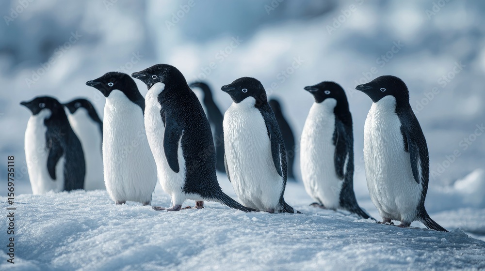 Obraz premium flat lay of a group of penguins on icy terrain, color tones: frost white, tuxedo black, and soft blue