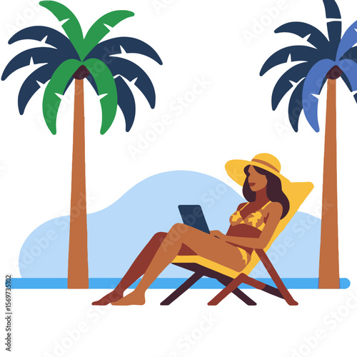 Woman working on laptop at the beach under palm trees - Vacation illustration of digital nomad lifestyle - Remote work concept with travel and relaxation