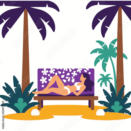 Woman relaxing on tropical beach-Palm trees and clear sky-Summer vacation illustration-Perfect getaway spot-Relaxing vibes-Enjoy the sun and sea_