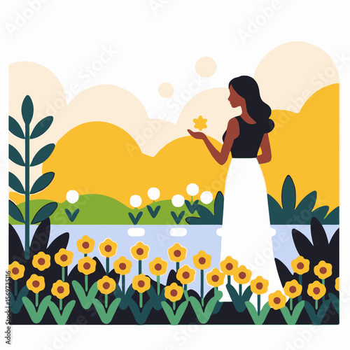Woman-in-garden-illustration-artistic-nature-scene-with-yellow-flowers-and-peaceful-landscape-serene-female-figure-in-white-dress-dreamy-artwork