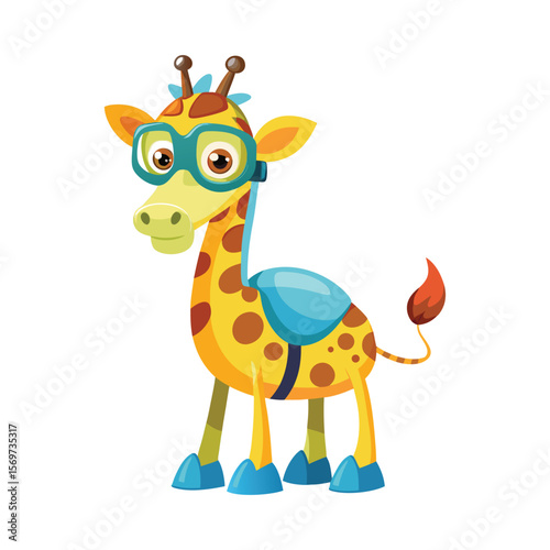 Cute giraffe wearing snorkeling mask and flippers, funny animal summer vacation illustration, tropical snorkeling vector art design