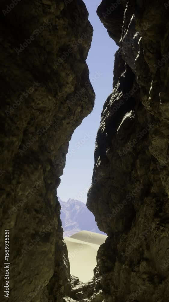 Narrow passage between rocky walls leads to a bright desert landscape under a clear sky. Sunlight illuminates the sandy terrain beyond the crevice.
