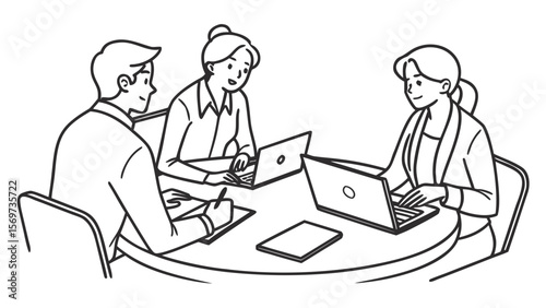 Team collaboration meeting at round table with laptops and notes for business strategy discussion plan