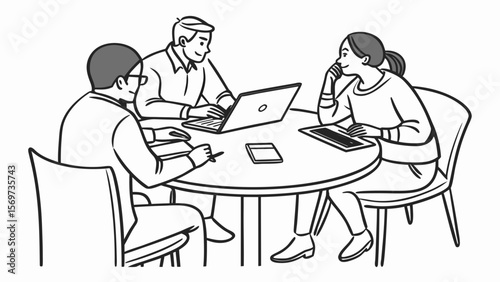 Illustration of business meeting collaboration teamwork brainstorming session with laptop and tablet devices