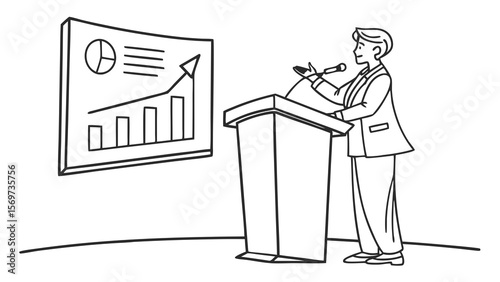 Presentation business conference speaker giving speech with chart and graph illustration vector art