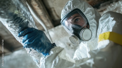 Protective gear inspector examining insulation in a building's crawl space