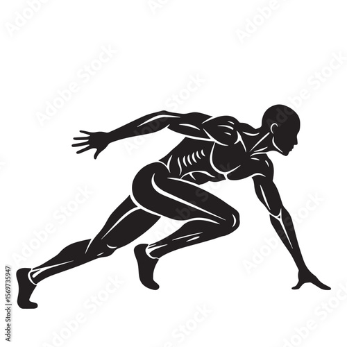 Silhouette of a sprinter in motion depicting speed energy and athleticism against white background