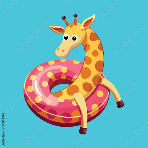 Cute giraffe with long neck stuck through colorful donut floatie summer pool inflatable funny wildlife animal vector illustration