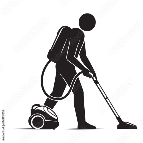Silhouetted figure cleaning floor with vacuum cleaner depicting housekeeping or janitorial services