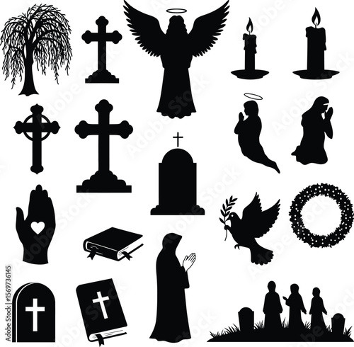 Title: Memorial & Funeral Service Icons: A Comprehensive Set of Christian and Bereavement Symbols Including Crosses, Angels, Gravestones, Candles, and Prayer Figures for Remembrance and Condolence.