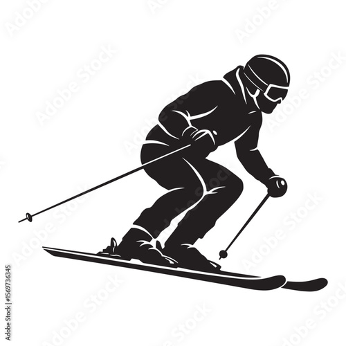 Silhouette of skier carving downhill on snow with ski poles and winter sports gear