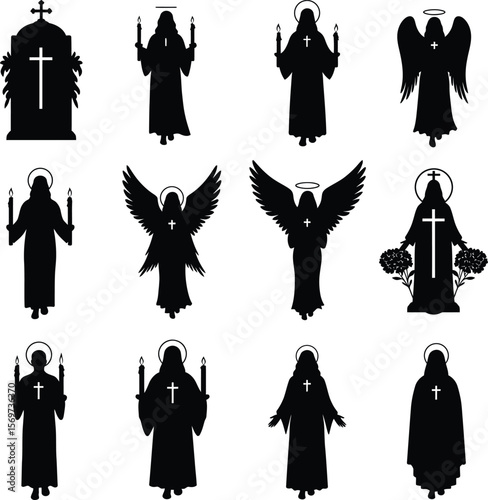 Title: Divine Christian Figures & Angels Silhouettes: A Comprehensive Set of Religious Icons with Halos, Crosses, and Candles for Spiritual and Commemorative Themes.