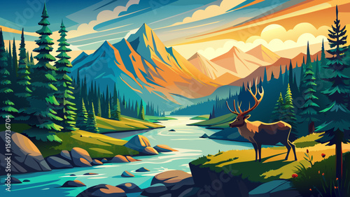 Jasper National Park, Alberta – Amid lush green forests and sparkling rivers, wild elk roam freely in the soft golden light of an early morning scene.