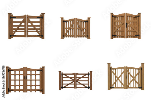 Set of wooden gates in various designs and styles  