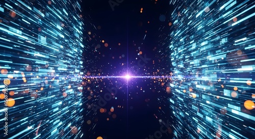 An abstract hyperspace or data tunnel with high-speed light trails. A futuristic concept of information transfer, internet connection, and digital travel.