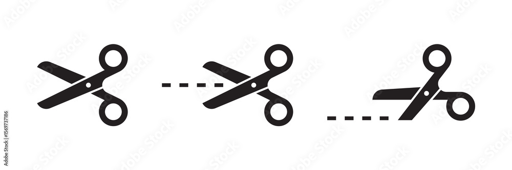 Scissors with cut lines symbols isolated on white background. Scissors icons set.
