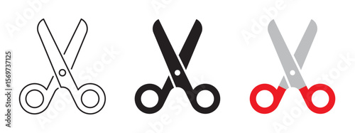 Open scissors icon set. Red scissors symbol. Black filled cut tool sign. Cut symbol. Paper clippers Shears sign. Hairdresser pictogram vector illustration