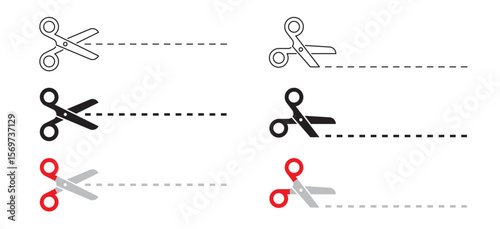 Scissor line icon set. Coupon dotted cutout scissor vector symbol. Paper dash cut mark