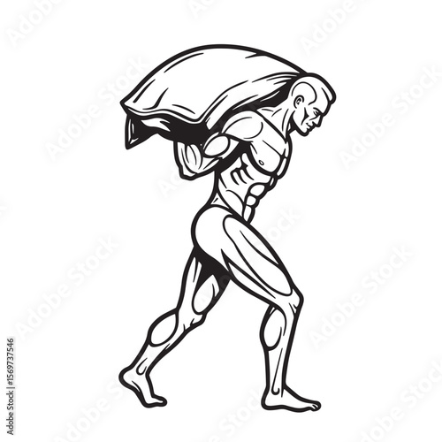 Strong man carrying large bag illustration depicting strength effort and determination