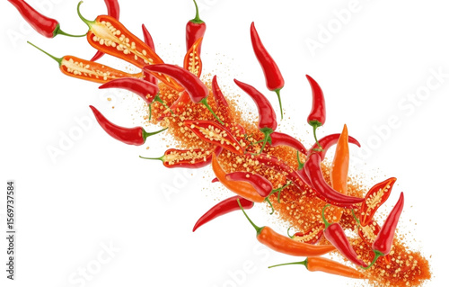 Red and orange chili peppers arranged artistically with spice on a white background isolated on transparent background, cutout png