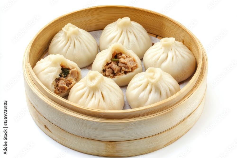 Fototapeta premium Delicious steamed buns in bamboo steamer, traditional chinese food for restaurant menus and cooking blogs
