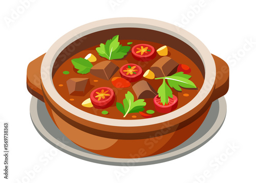 Delicious Beef Stew in a Brown Clay Pot with Vegetables