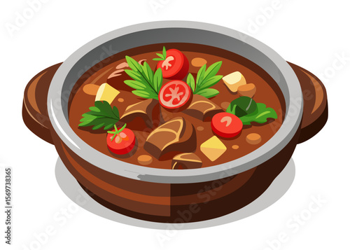 Delicious Beef Stew in a Brown Pot with Tomatoes and Parsley