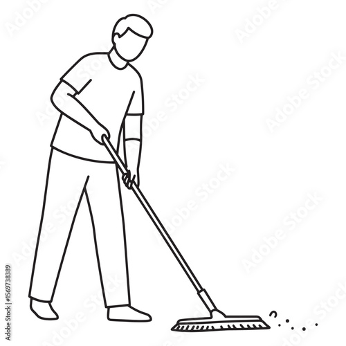 Vector illustration of a person cleaning the floor with a mop and dust particles