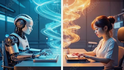 Dual Realities: A visual exploration of technology's duality, featuring a detailed depiction of a humanoid robot engaging in computational tasks beside a human counterpart using modern laptop.