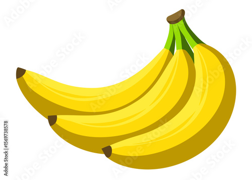Three Ripe Yellow Bananas Bunch Isolated on White Background