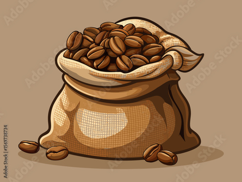 Burlap Sack Full of Roasted Coffee Beans Illustration