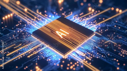 Artificial Intelligence:  Digital Circuitry & Glowing AI Processor
