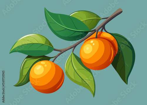 Branch with Fresh Orange Fruits and Leaves