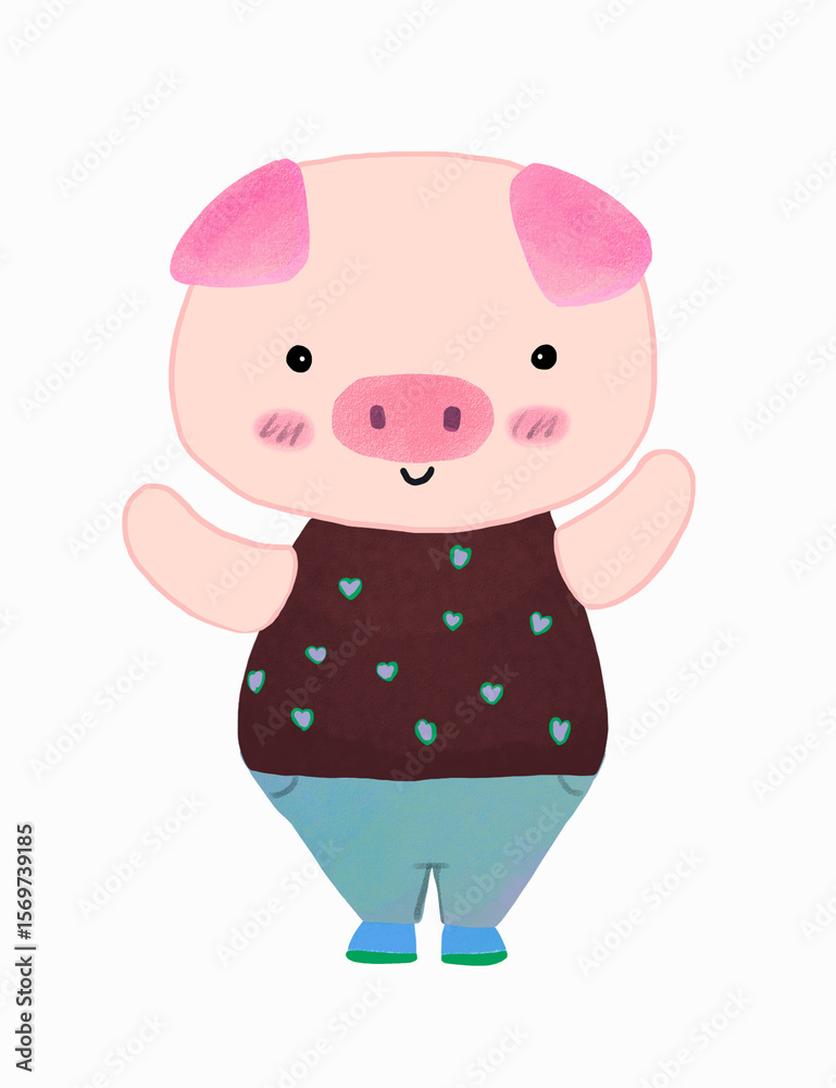 Obraz premium Cute piggy Characters cartoon illustration , Hand-drawn Style Illustration for children. 