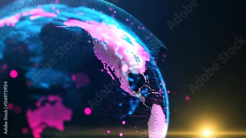 Global Network: Futuristic Rotating Earth with Data Streams and Sunrise