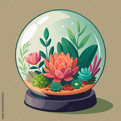 Colorful Succulents and Flowers in Glass Terrarium