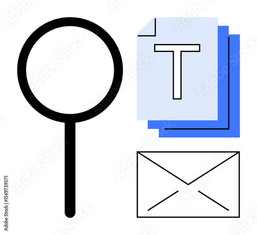 Magnifying glass highlights search, documents signify information, envelope represents communication. Ideal for data analysis, communication tools, research, emailing, file search, collaboration