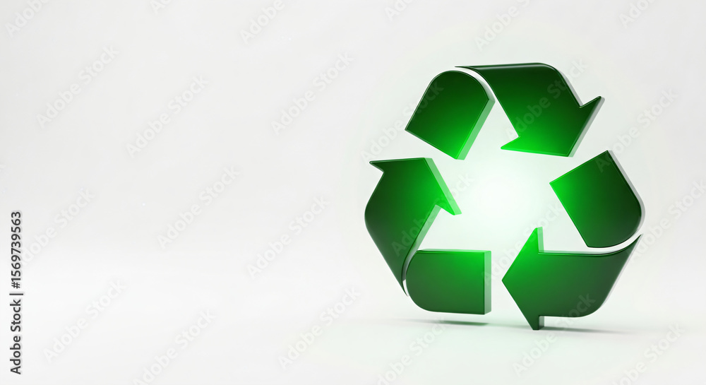 Obraz premium Green recycling symbol set against a light background. Recycling and environmental sustainability awareness. The center of the symbol is glowing with a green light.