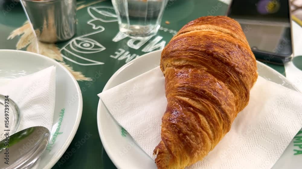 Breakfast in Paris. Flat white coffee and fresh croissant on the terrace of a cafe at place Edgar Quinet, Montparnasse district, Paris, France.