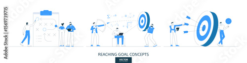 Strategic goal illustrations set in thin line style. Success plan abstract linear vector design concepts. Target analysis flat icons. Business people characters team work.
