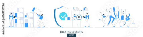 Warehouse, cargo, delivery illustrations set in thin line style. Package storage abstract linear vector design concepts. Barcode tracking, Logistics flat icons. Business people characters team work.