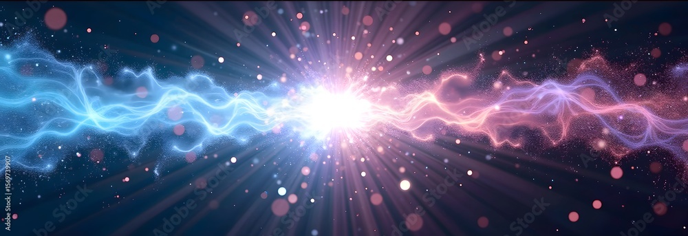 Obraz premium Abstract antimatter collision causing spacetime fabric distortion. Ethereal Energy Forms Colliding with Brilliant Light and Colorful Dots